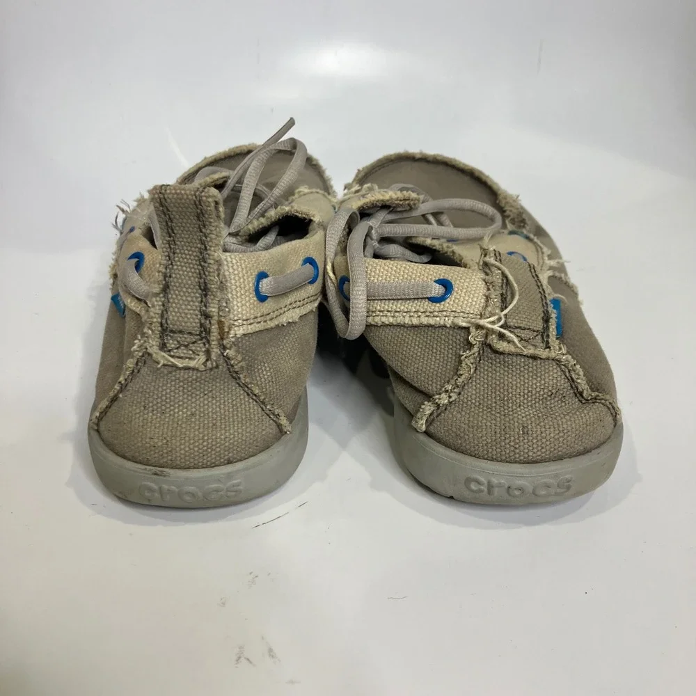 Crocs tan canvas loafers slip on shoes mens size 10 casual comfort shoes neutral